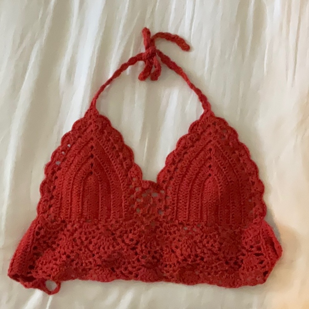 Red Crochet Halter Bralette
